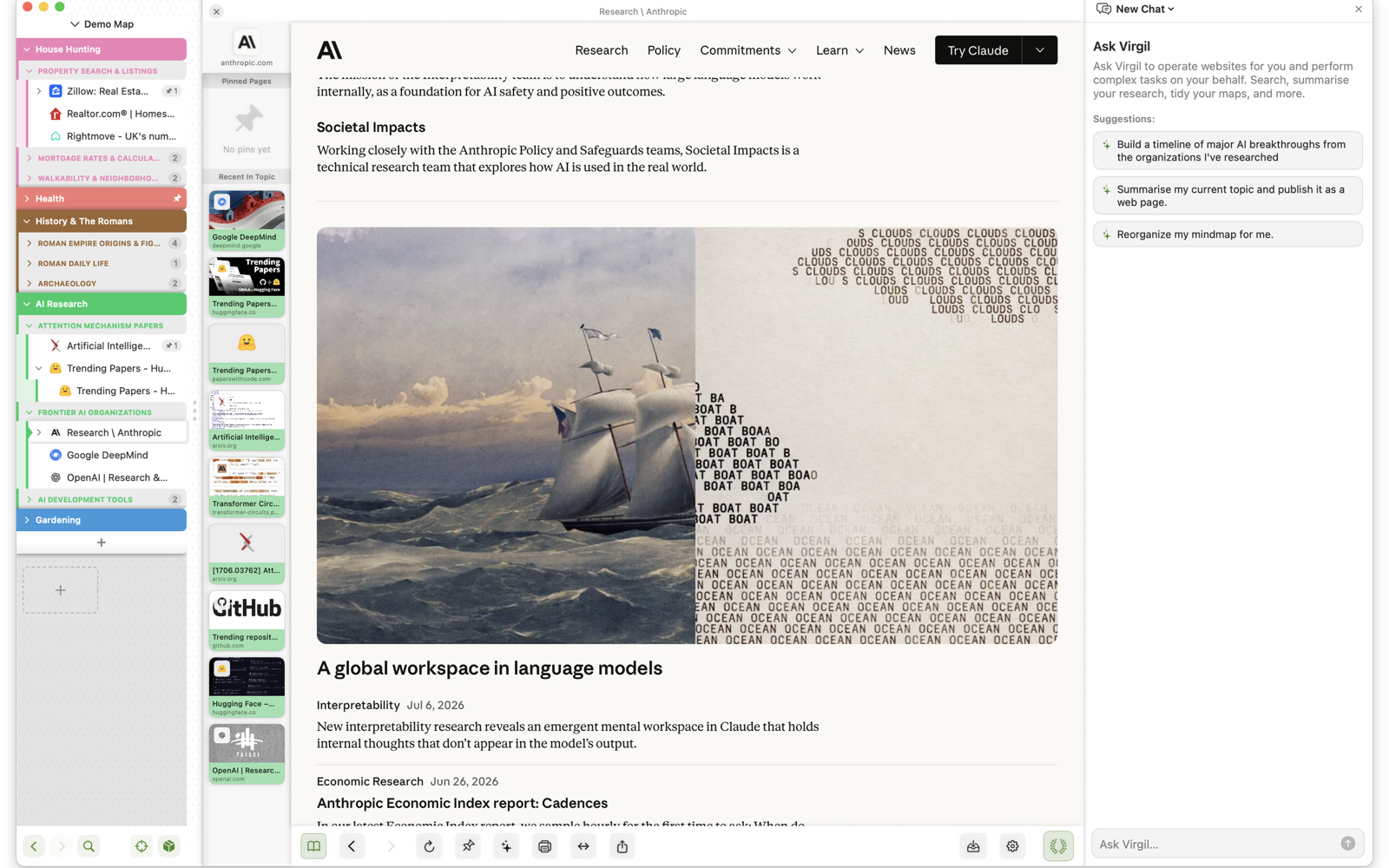 Ask Virgil suggesting research tasks beside the page being read