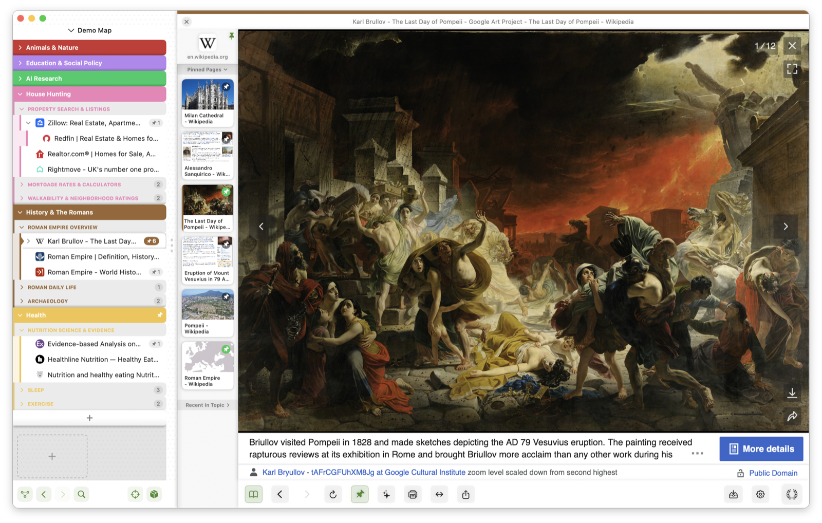 Reading a page with the topic stack and pinned pages beside it